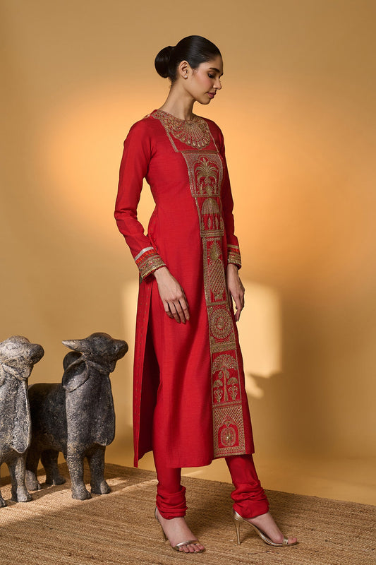 Red Khidki Kurta Set