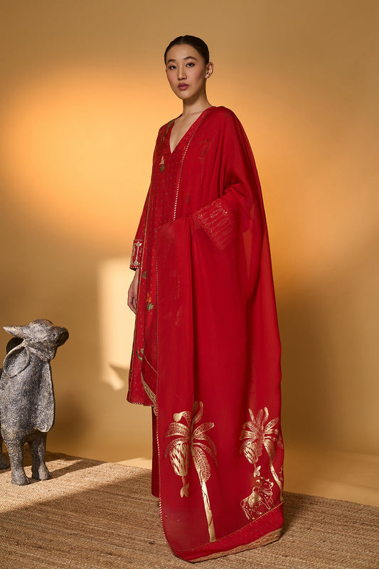 Red Tropical Anarkali Set