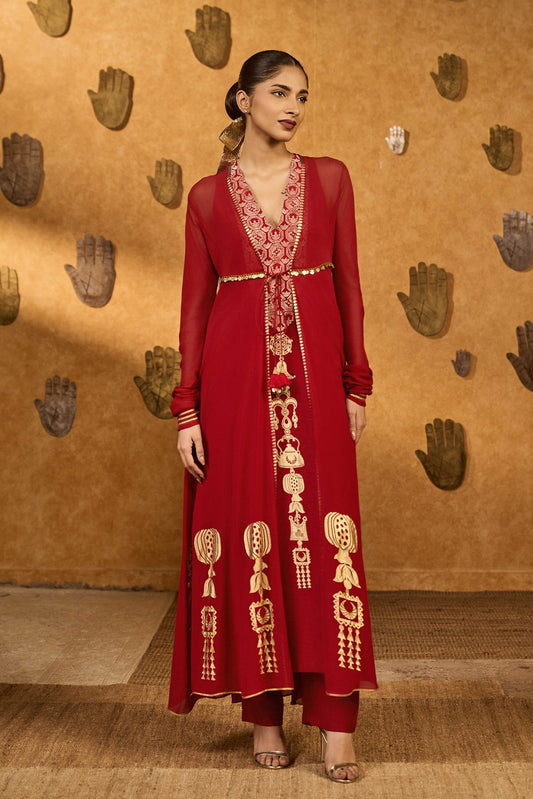 Red Pop Pod Pendant Anarkali Set