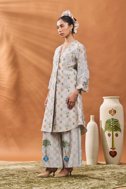 Powder Blue Checkers Bloom Tunic Set