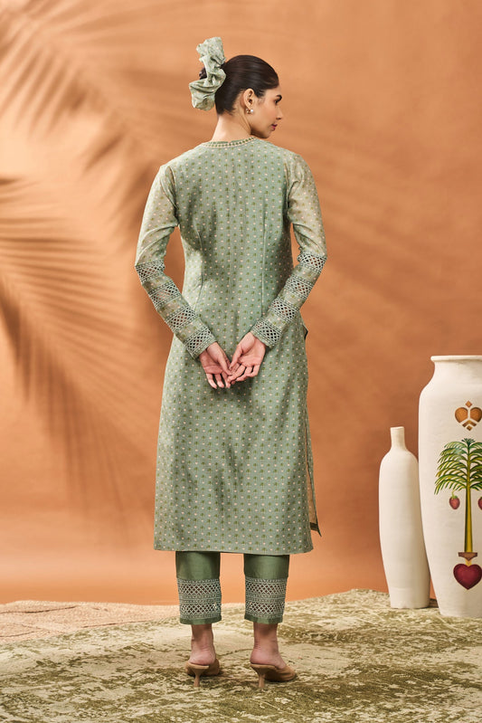 Sage Green Tree of Hearts Angrakha Kurta Set
