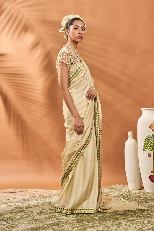 Sage Green Striped All Fours Saree