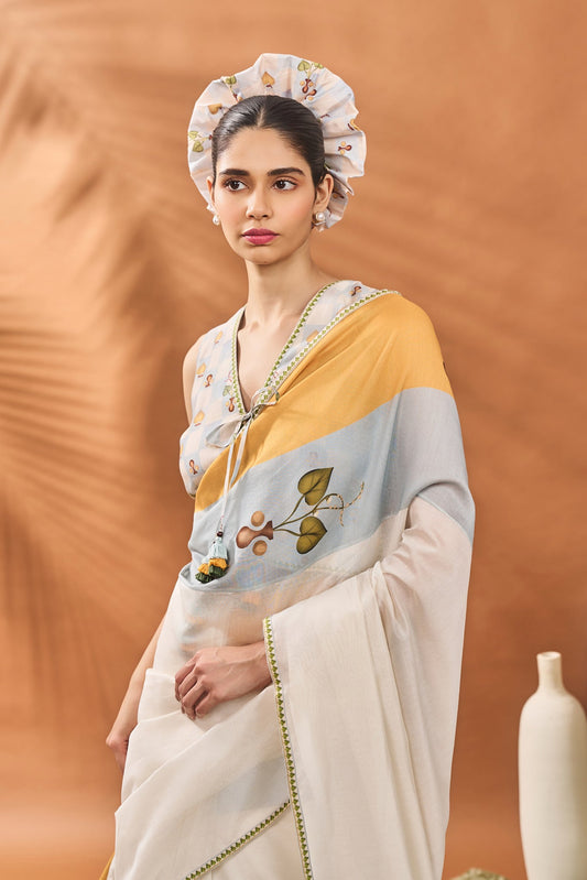 Ivory Stripe Garden Grid Saree