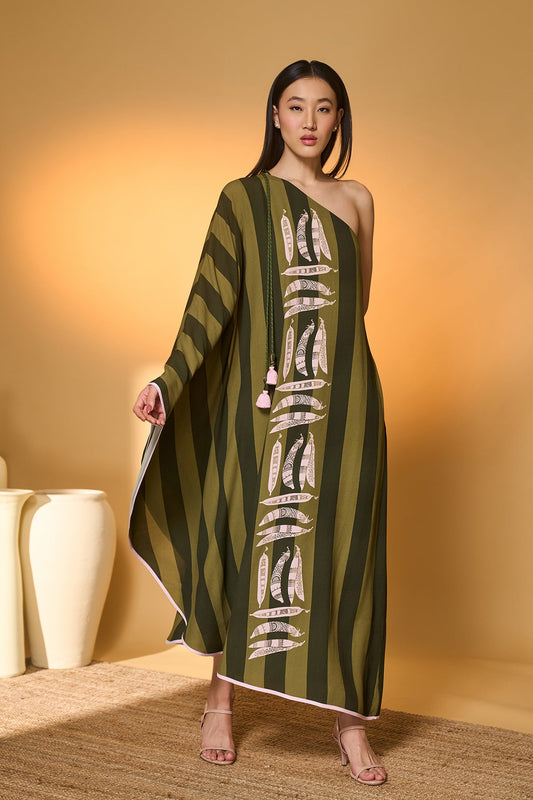 Green Totem Pod One Shoulder Kaftan