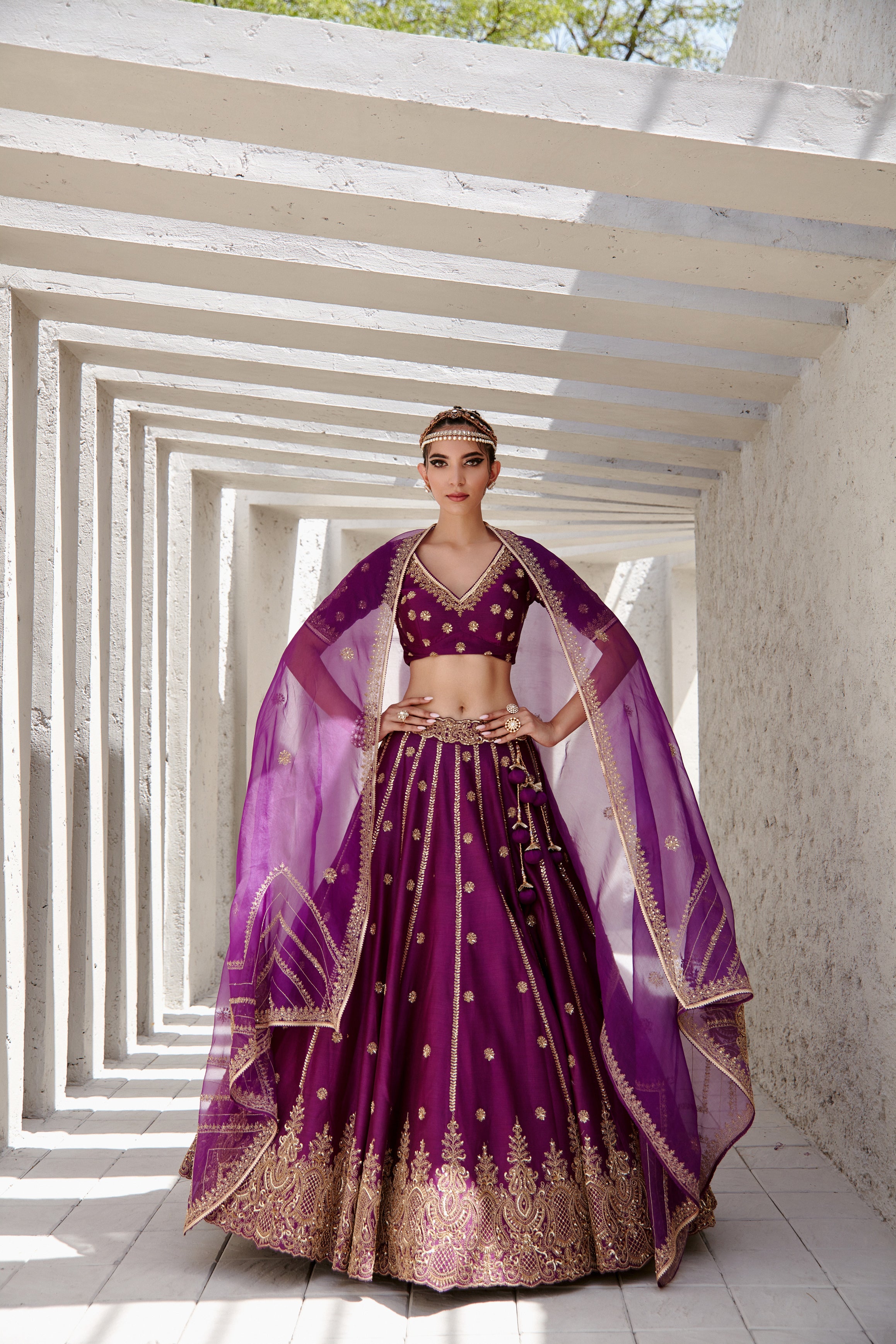 Midnight Purple Organza Embroidered Lehenga Set