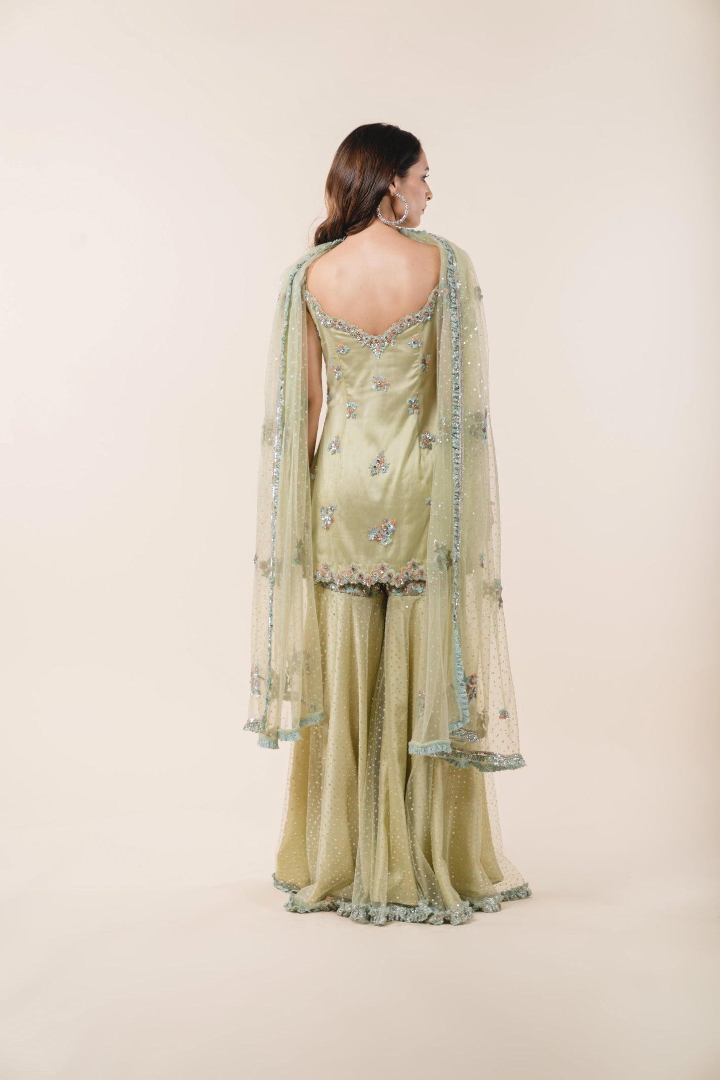 Light Olive Green Tulle Shirt Garara Set