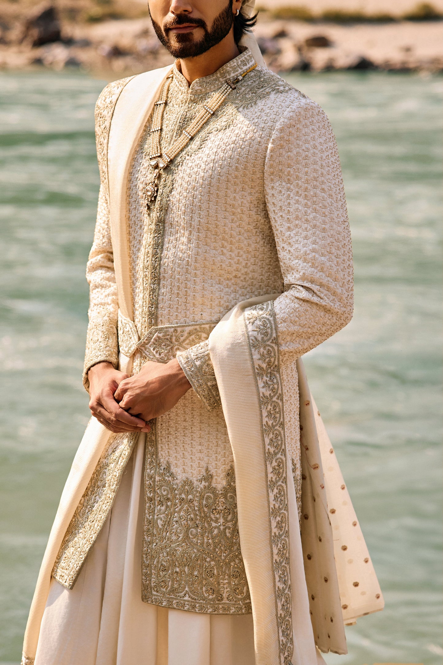Ivory Raw Silk Sherwani Set