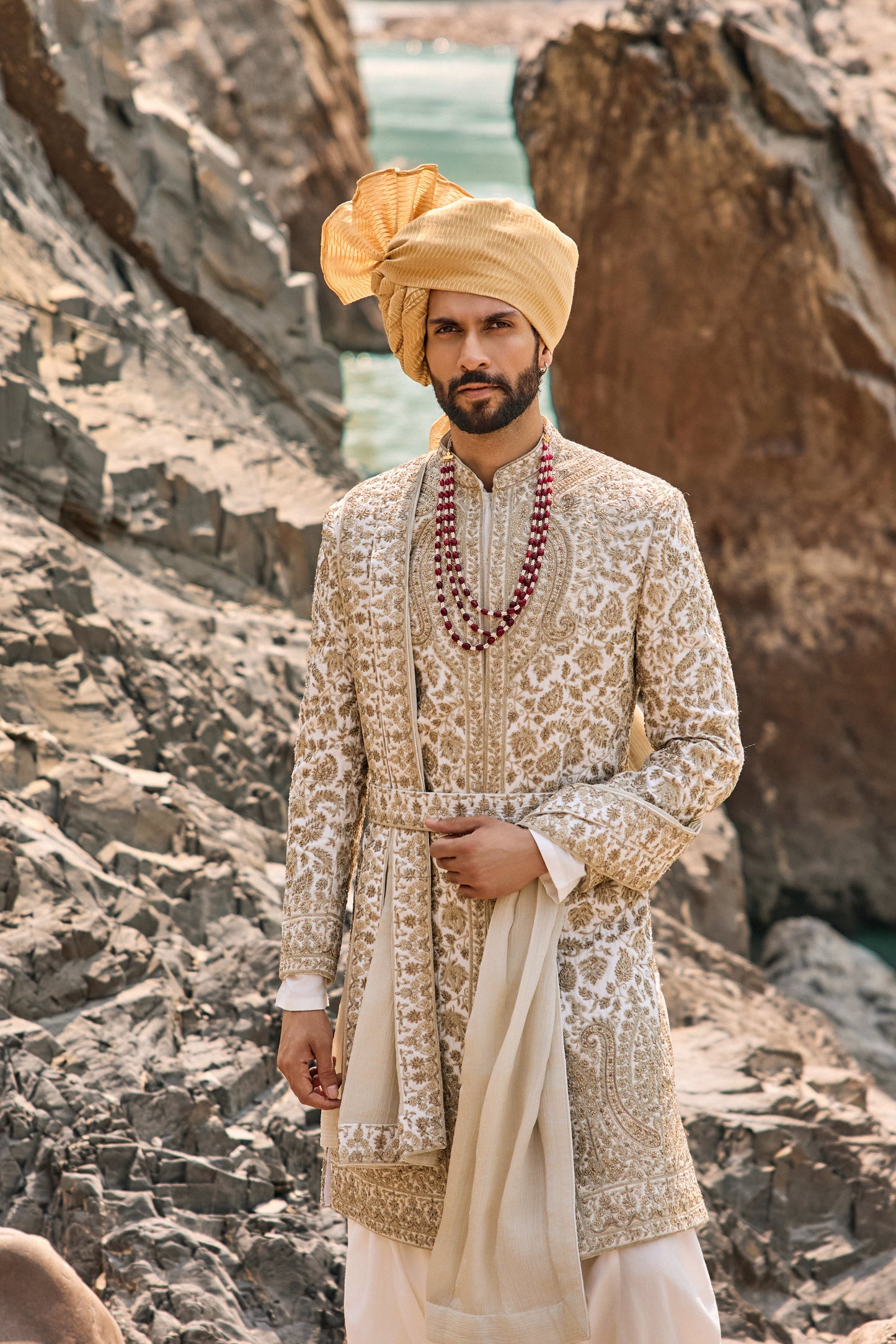 Ivory-Gold Worked Sherwani Set