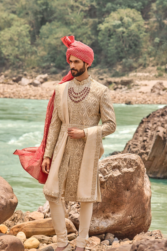 Beige Kasab Sherwani Set