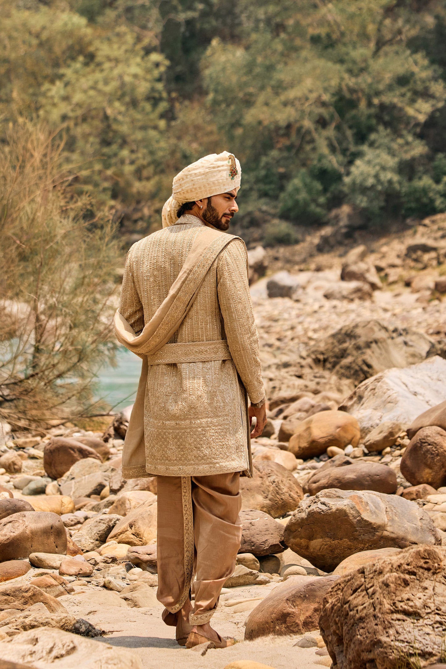 Mocha Worked Sherwani Set With Dhoti