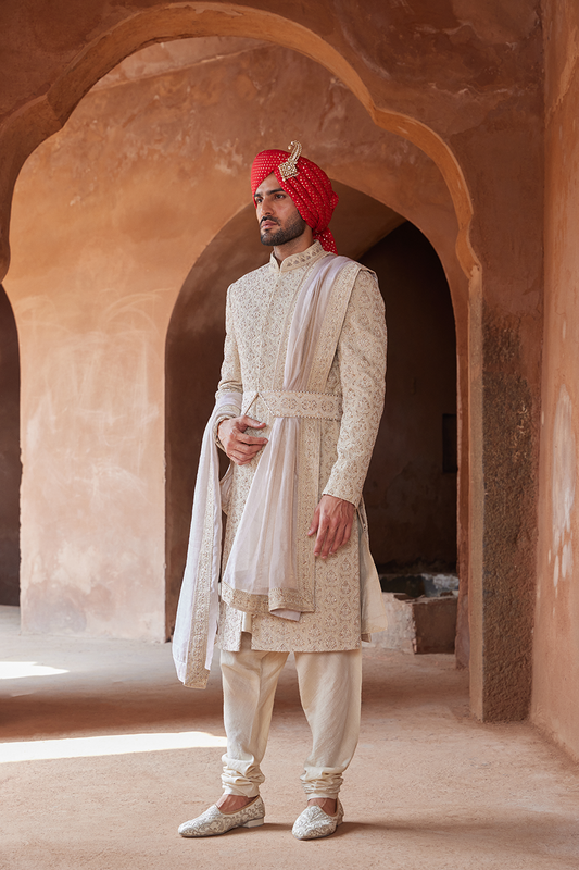 LIGHT BEIGE RAW SILK EMBROIDERED SHERWANI KURTA CHURIDAR SET