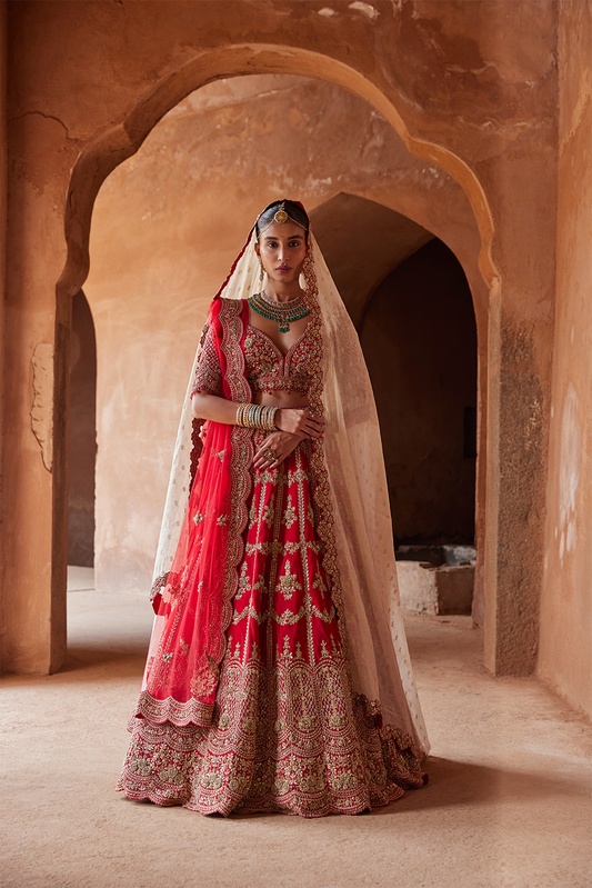 SCARLET RED RAW SILK LEHENGA CHOLI SET