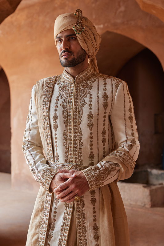 IVORY MATKA SILK ZARDOZI EMBROIDERED SHERWANI KURTA CHURIDAR SET