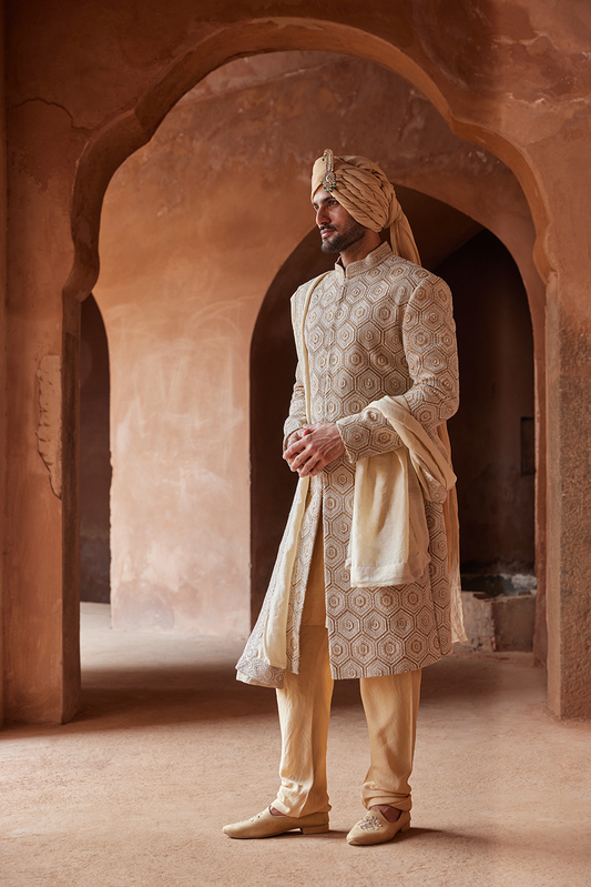 MUSTARD MATKA SILK EMBROIDERED SHERWANI KURTA CHURIDAR SET