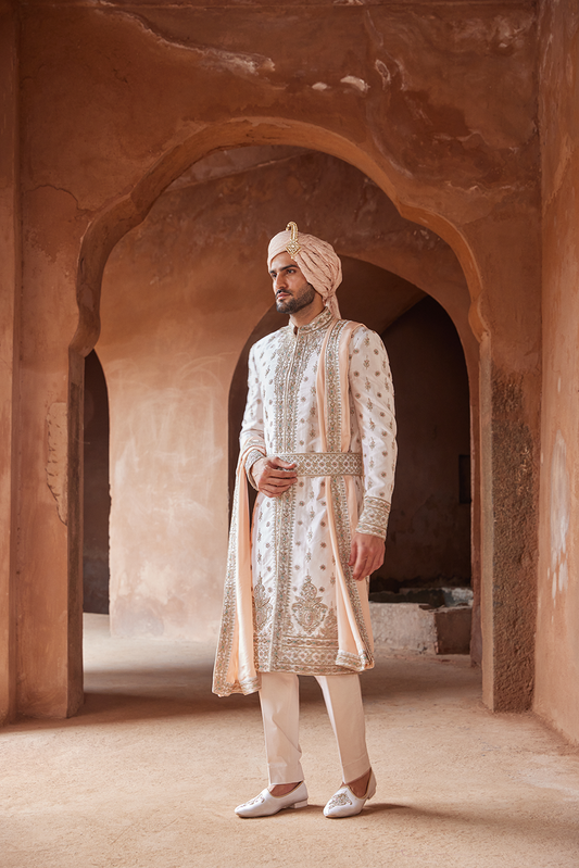 Blush Pink Tafetta Silk Embroidered Sherwani Kurta Trouser Set