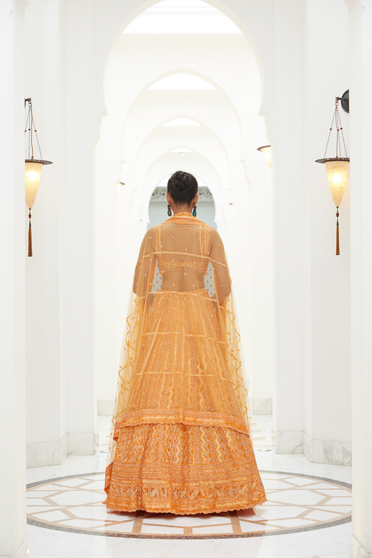 ORANGE NET LEHENGA CHOLI DUPATTA SET