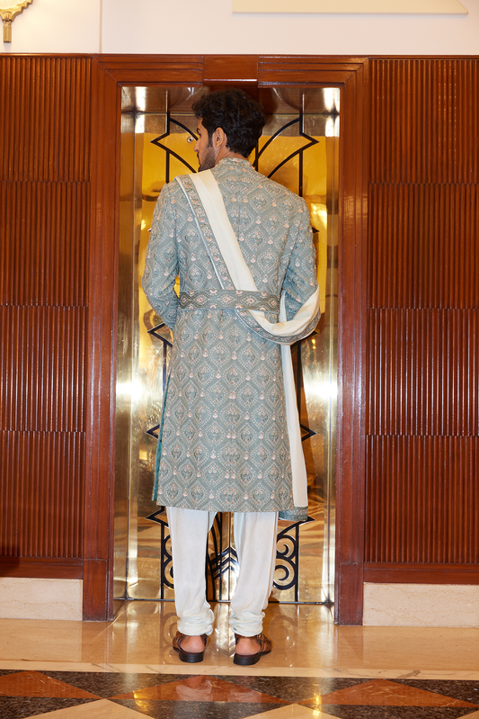 SAGE GREEN MATKA SILK SHERWANI KURTA CHURIDAR SET