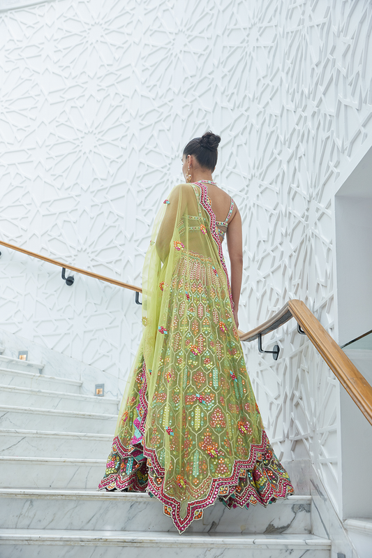 MOCA ORGANZA LEHENGA CHOLI SET WITH MULTICOLOUR EMBROIDERY