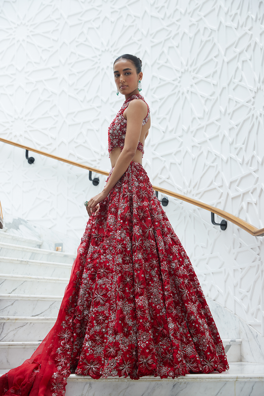 RED RAW SILK 3-D FLORAL EMBROIDERED LEHENGA SET