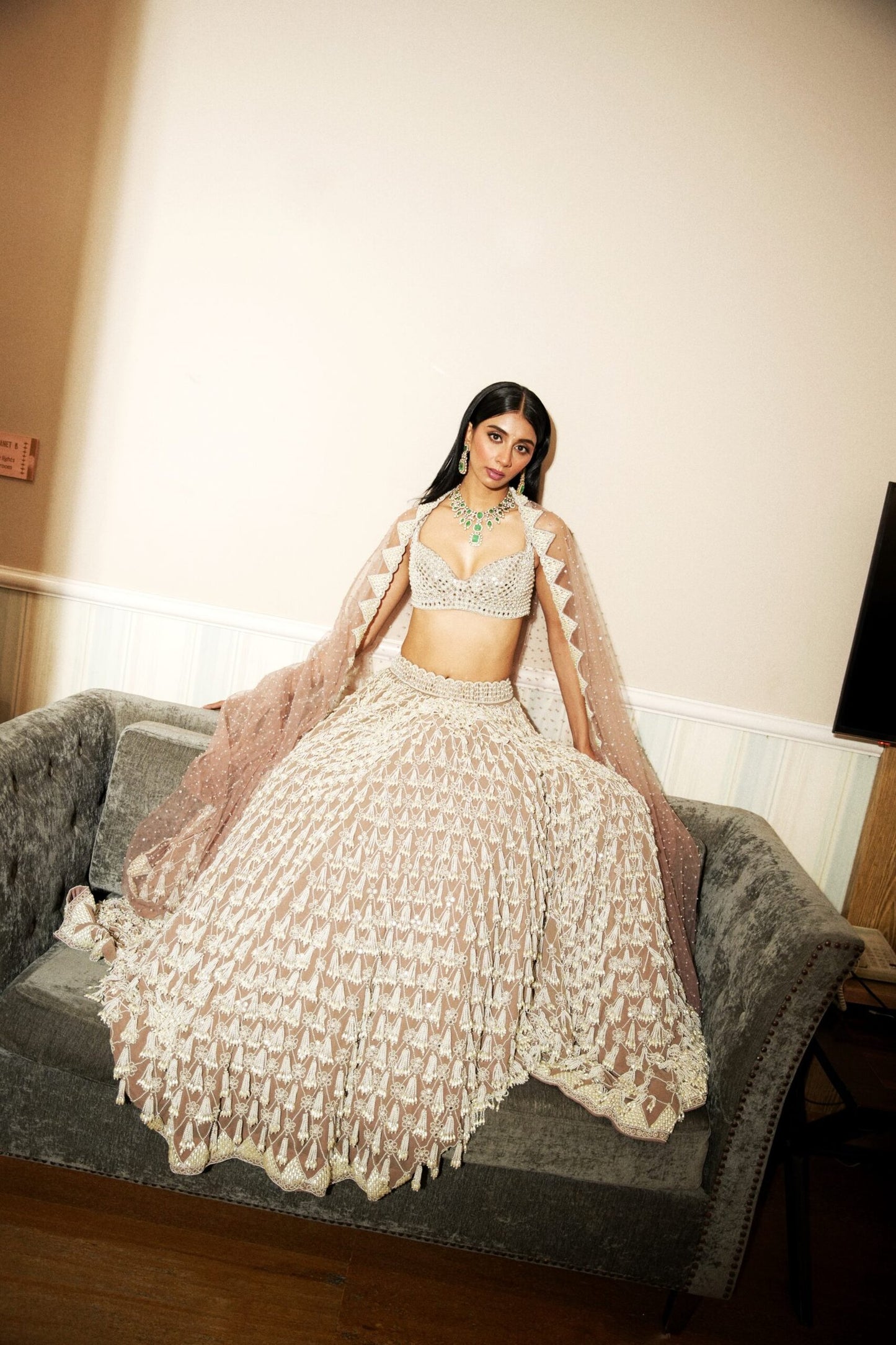DOLLY SINGH In Deep Beige Chandelier Pearl Drop Lehenga Set