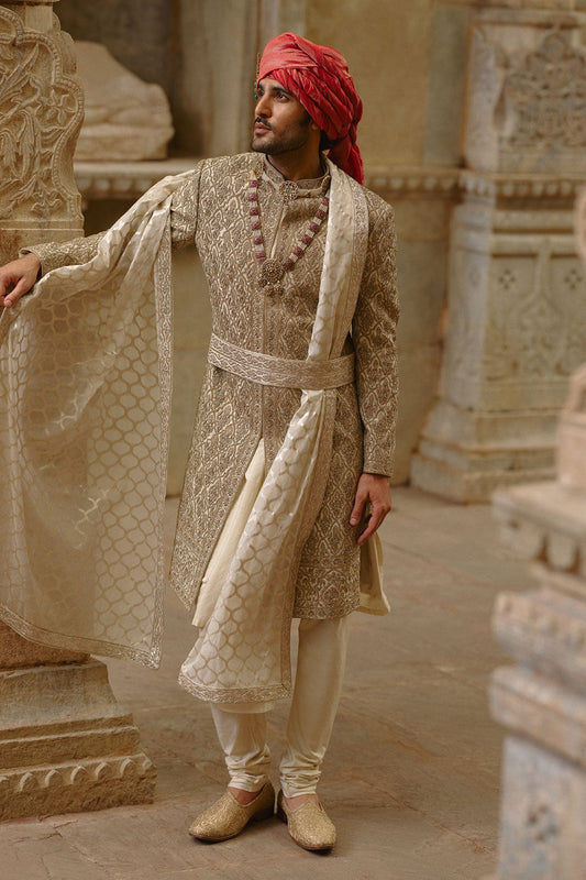 Gold Twill Woven Sherwani Gold Embroidery