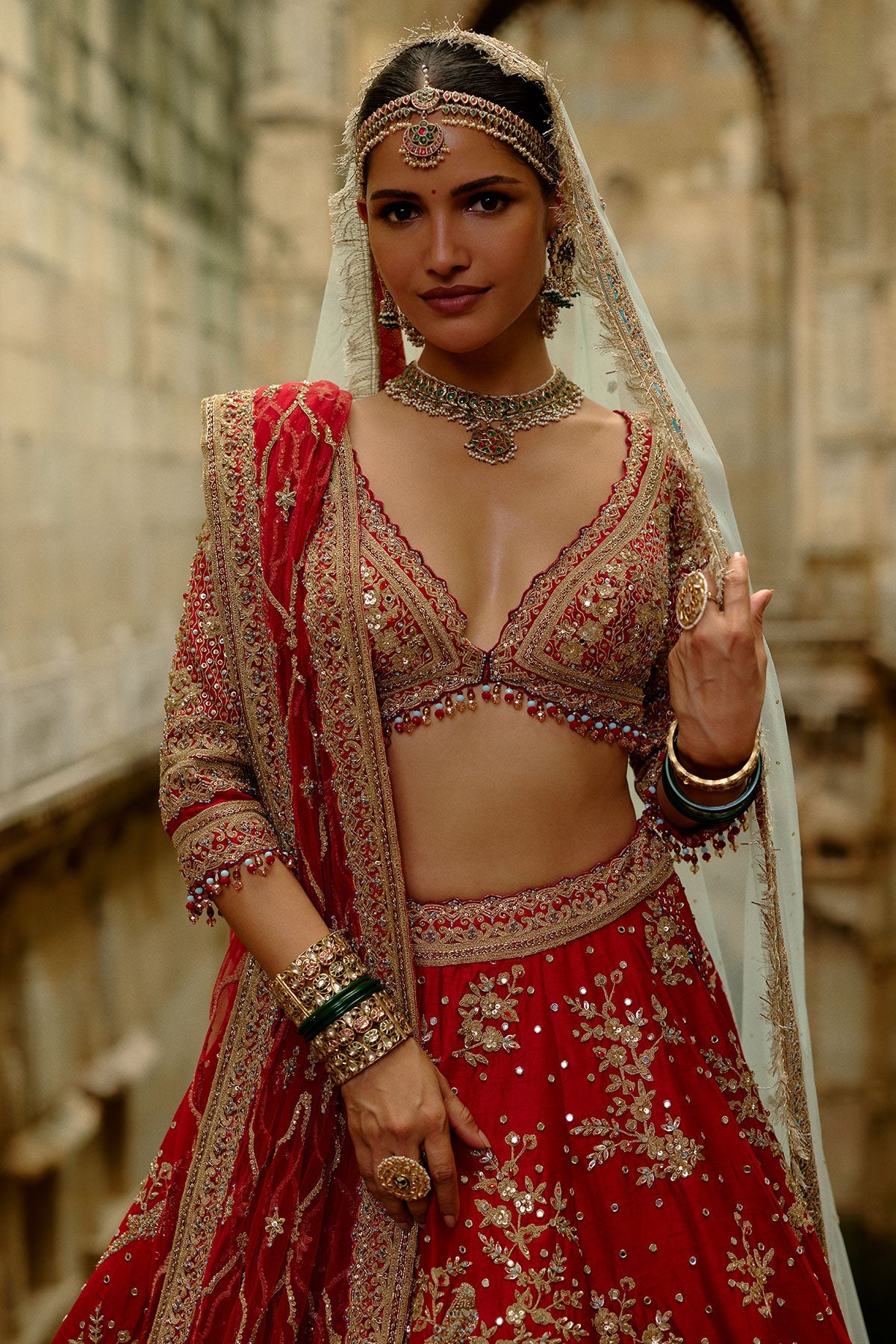 Red Raw Silk Lehenga With Multi-Bead Work