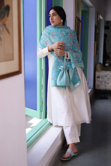 Off-White Handwoven Chanderi Kurta Set with Firozi Block Printed Silk Organza Dupatta