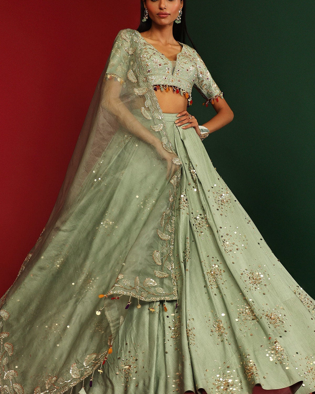 Olive Green Silk Organza Embroidered Lehenga Set