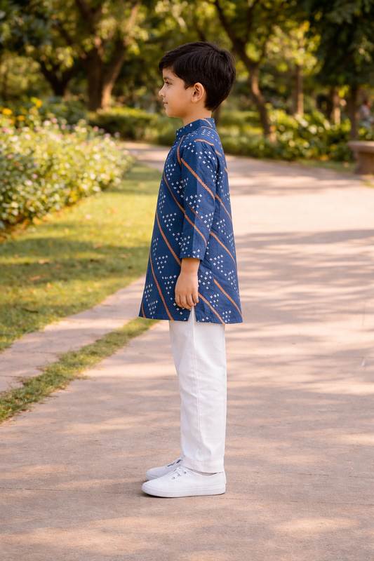 Blue Bandhej Printed Cotton Kurta with Pajama
