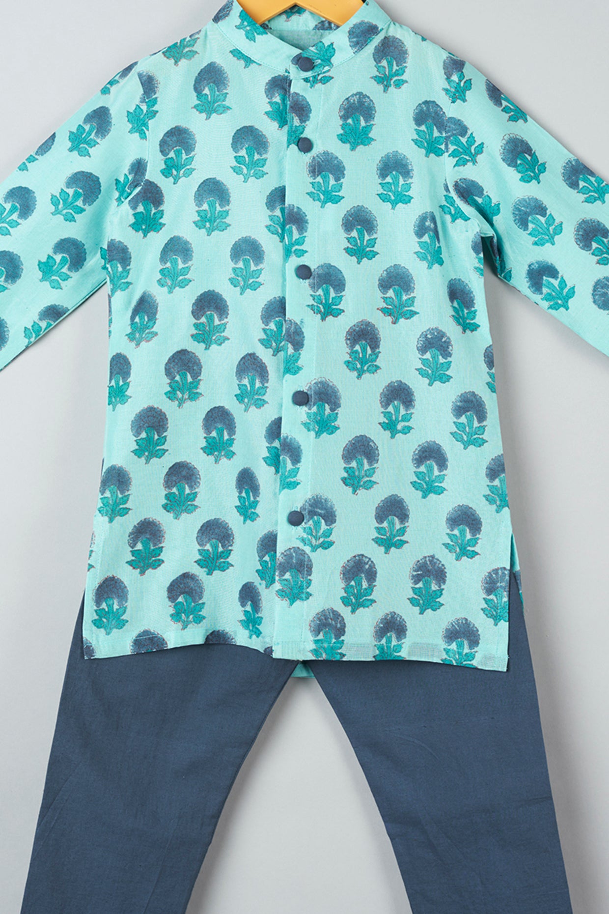 Sea Green Hand Block Printed Kurta Set For Boys by Pankhuri by Priyanka - Kids at Pernia's Pop Up Shop