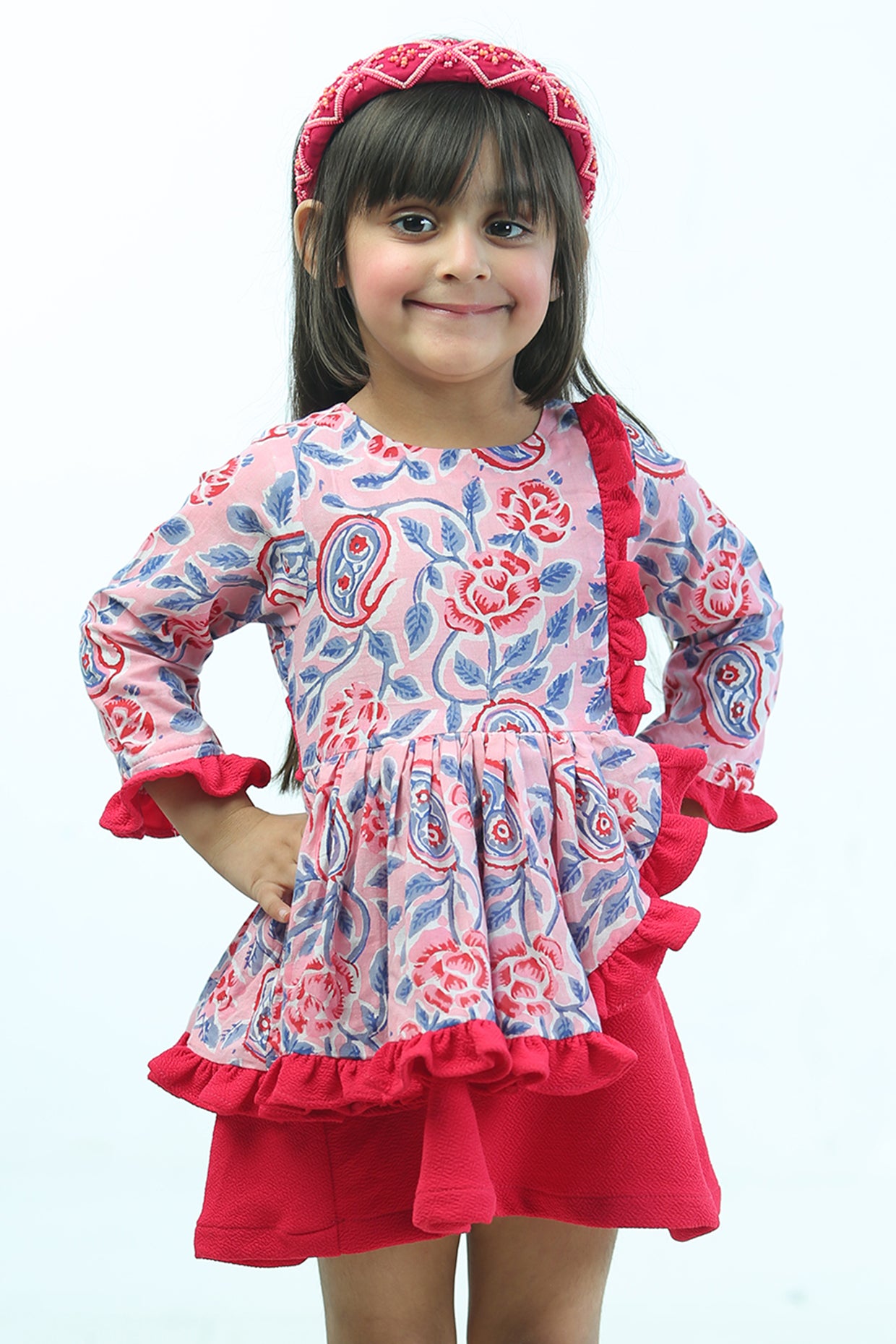 White & Red Cambric Cotton Block Printed Ruffled Dress For Girls by Pankhuri by Priyanka - Kids at Pernia's Pop Up Shop