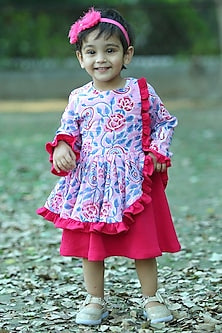 White & Red Cambric Cotton Block Printed Ruffled Dress For Girls by Pankhuri by Priyanka - Kids at Pernia's Pop Up Shop