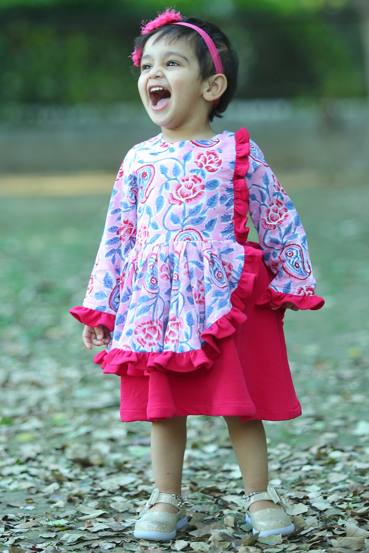 White & Red Cambric Cotton Block Printed Ruffled Dress For Girls by Pankhuri by Priyanka - Kids at Pernia's Pop Up Shop