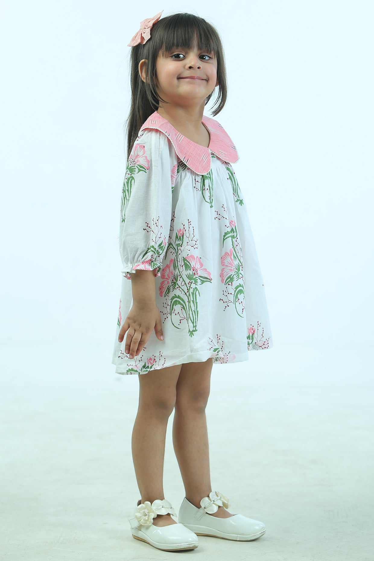 Off-White Cambric Cotton FLoral Dress For Girls by Pankhuri by Priyanka - Kids at Pernia's Pop Up Shop