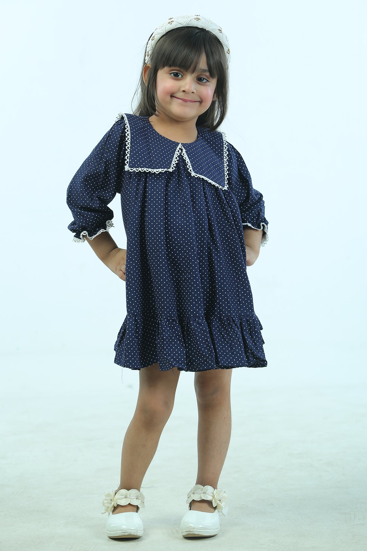 Dark Blue Mulmul Polka Dot Dress For Girls by Pankhuri by Priyanka - Kids at Pernia's Pop Up Shop