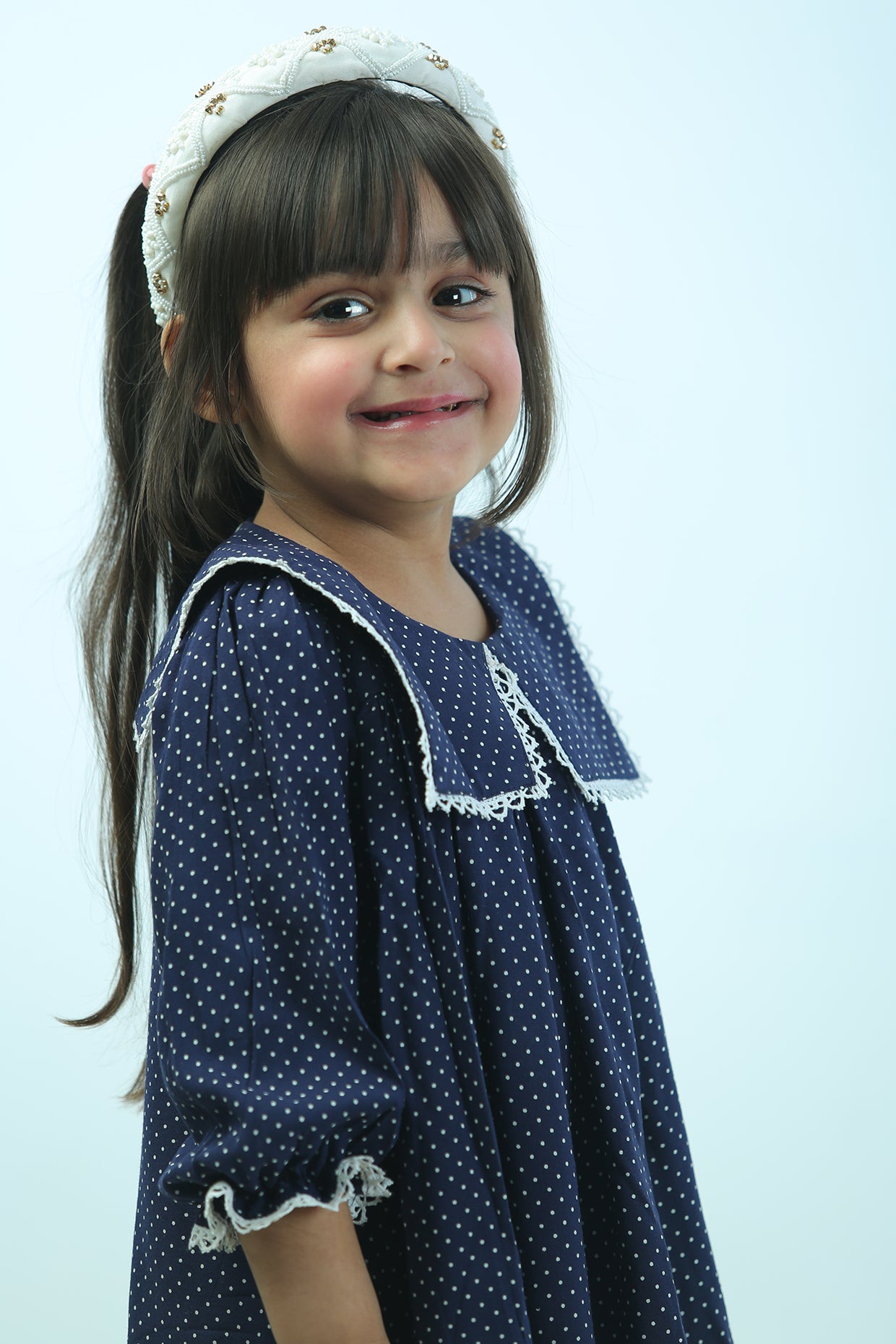 Dark Blue Mulmul Polka Dot Dress For Girls by Pankhuri by Priyanka - Kids at Pernia's Pop Up Shop