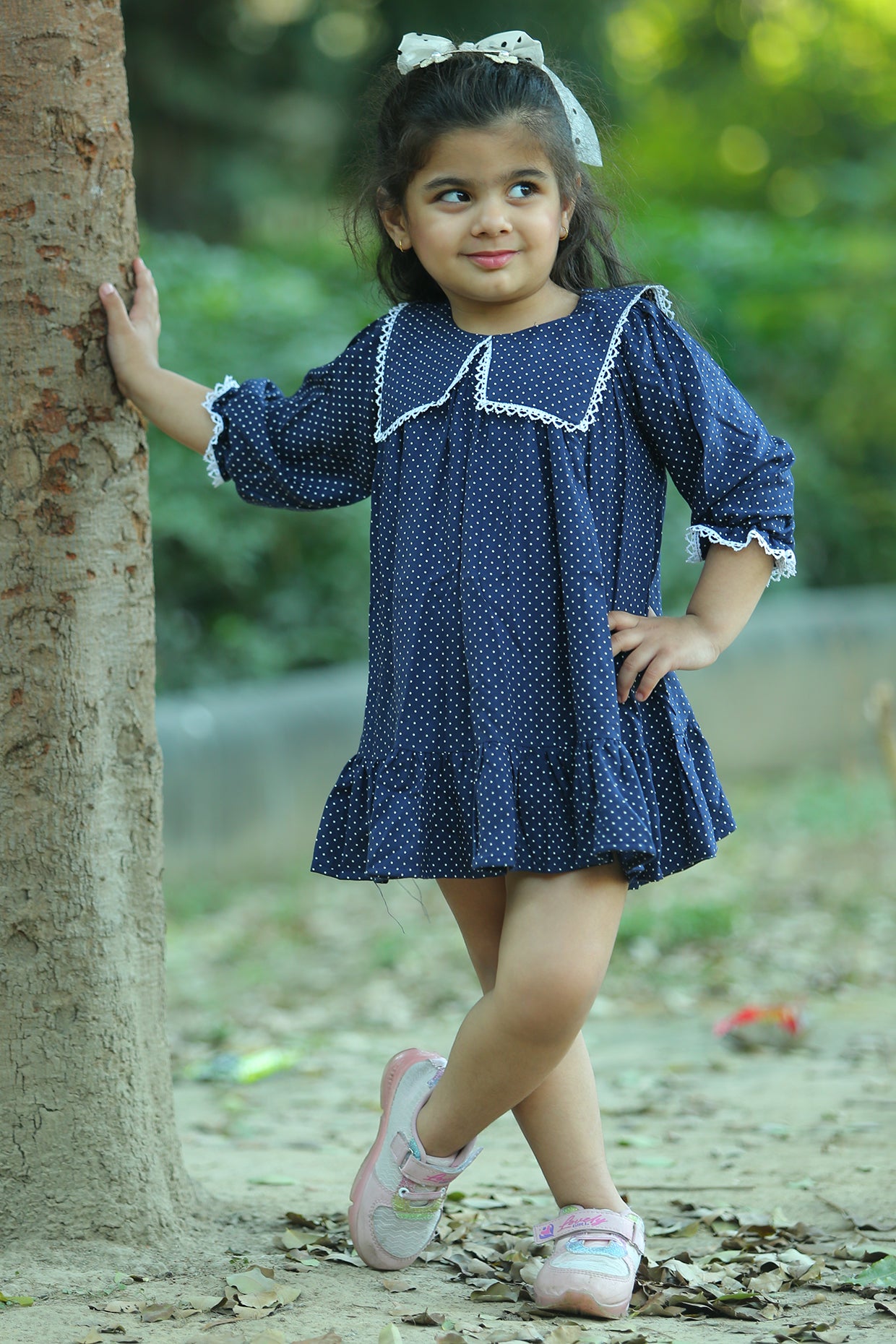 Dark Blue Mulmul Polka Dot Dress For Girls by Pankhuri by Priyanka - Kids at Pernia's Pop Up Shop