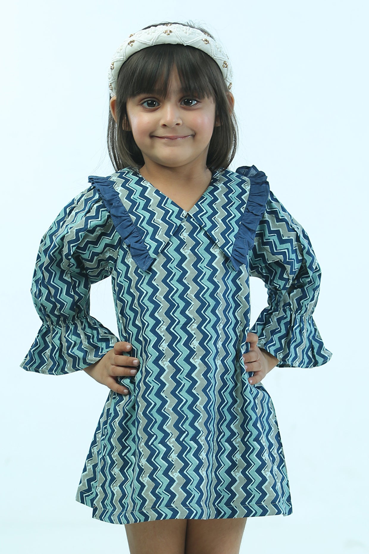 Indigo blue Cambric Cotton Ruffled Dress For Girls by Pankhuri by Priyanka - Kids at Pernia's Pop Up Shop
