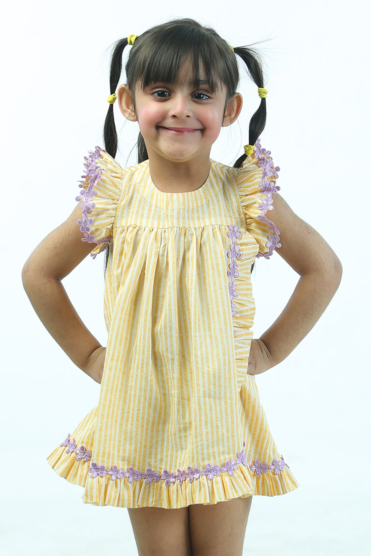 Lemon Yellow & White Cambric Cotton Striped Dress For Girls by Pankhuri by Priyanka - Kids at Pernia's Pop Up Shop
