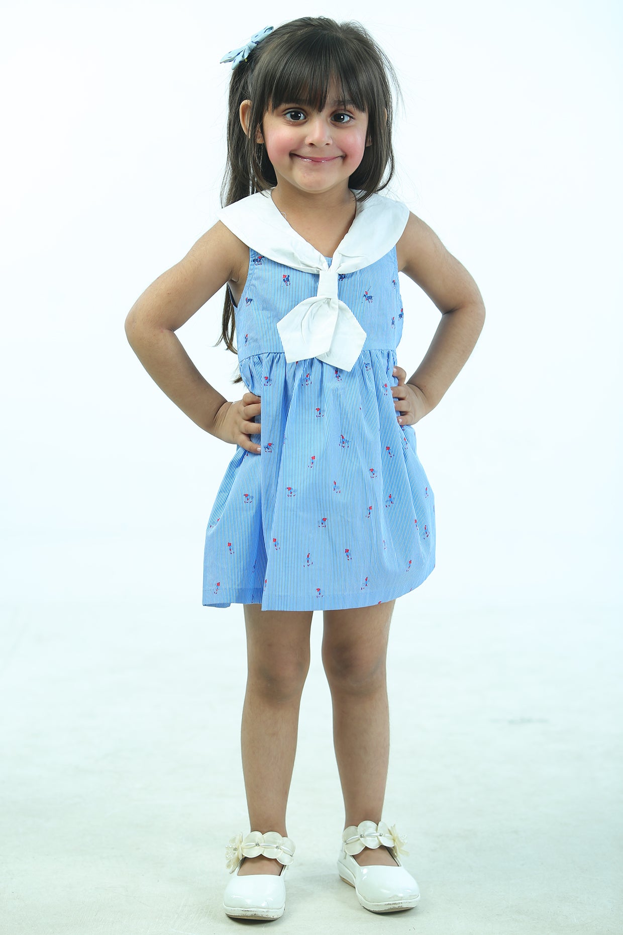 Blue Cambric Cotton Striped Dress For Girls by Pankhuri by Priyanka - Kids at Pernia's Pop Up Shop