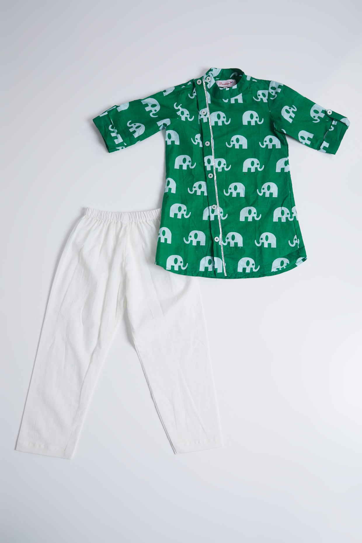 Green Elephant Printed Kurta Set For Boys by Pankhuri by Priyanka - Kids at Pernia's Pop Up Shop