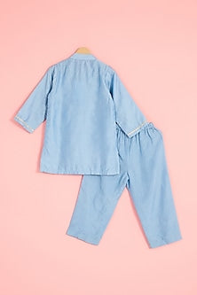 Ice Blue Chanderi Zari Embroidered & Geometric Printed Kurta Set For Boys by Pankhuri by Priyanka - Kids at Pernia's Pop Up Shop