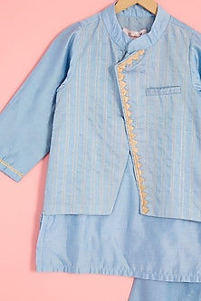 Ice Blue Chanderi Zari Embroidered & Geometric Printed Kurta Set For Boys by Pankhuri by Priyanka - Kids at Pernia's Pop Up Shop