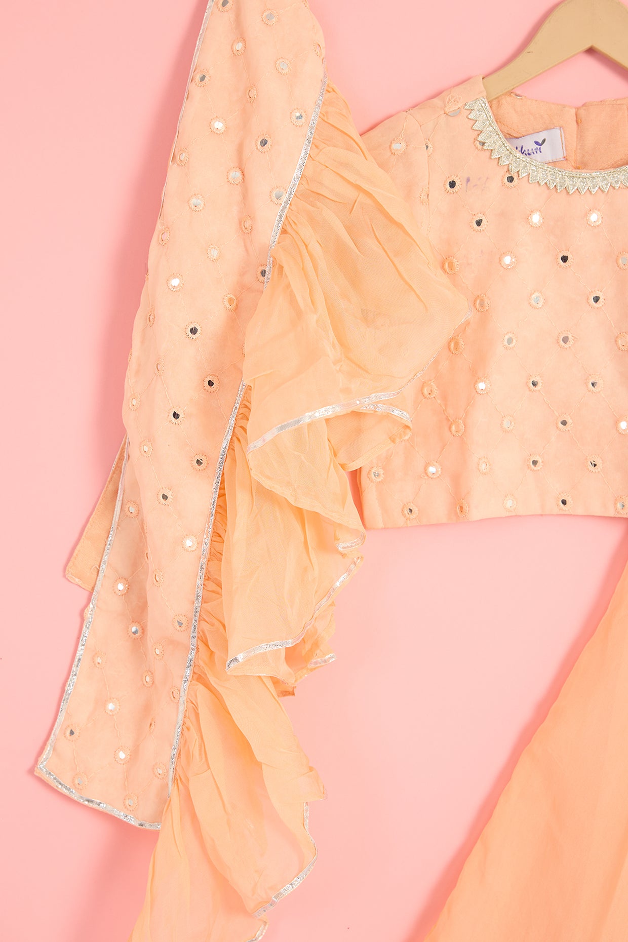 Peach Organza Mirror Embroidered Lehenga Set For Girls by Pankhuri by Priyanka - Kids at Pernia's Pop Up Shop