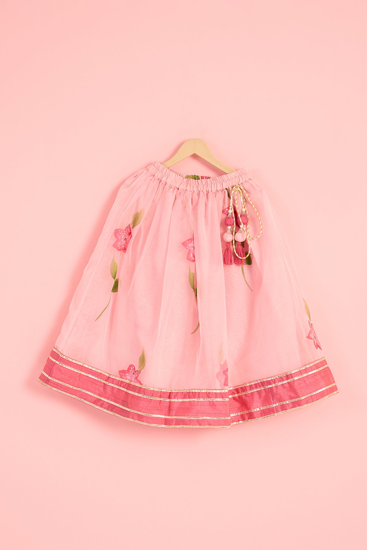 Blush Pink Organza Floral Hand-Painted Lehenga Set For Girls by Pankhuri by Priyanka - Kids at Pernia's Pop Up Shop