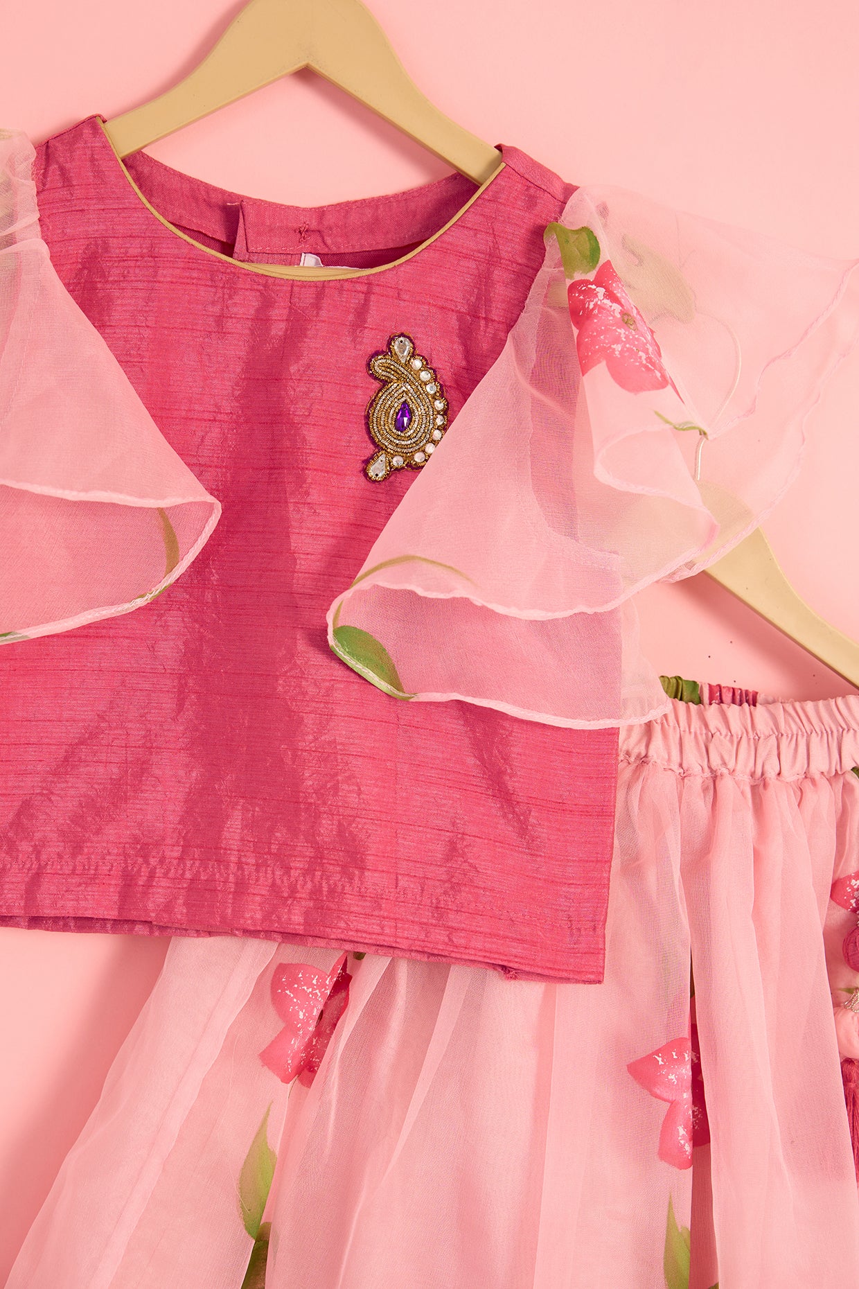 Blush Pink Organza Floral Hand-Painted Lehenga Set For Girls by Pankhuri by Priyanka - Kids at Pernia's Pop Up Shop