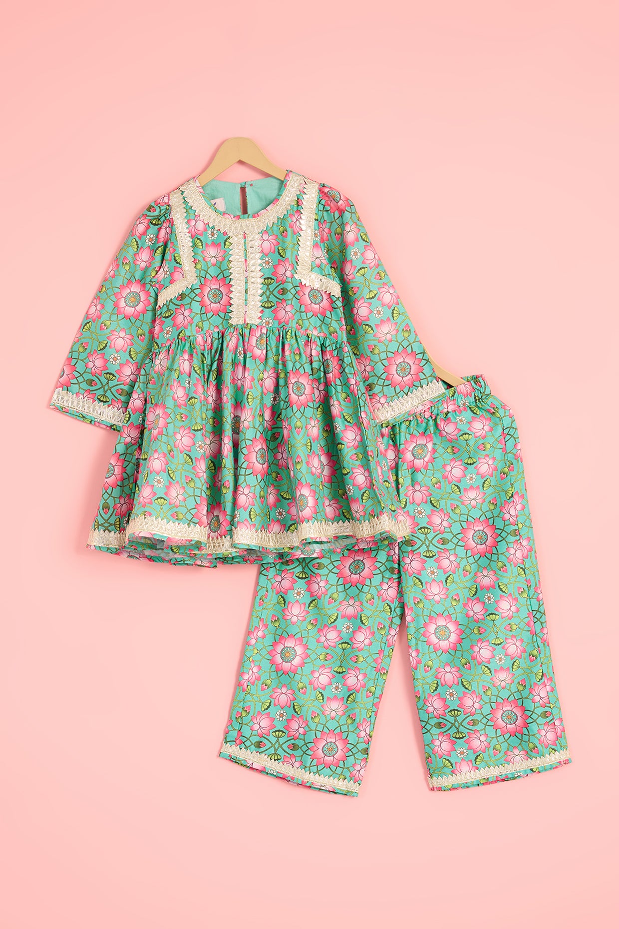 Turquoise Silk Floral Print & Gota Lace Embellished Kurta Set For Girls by Pankhuri by Priyanka - Kids at Pernia's Pop Up Shop