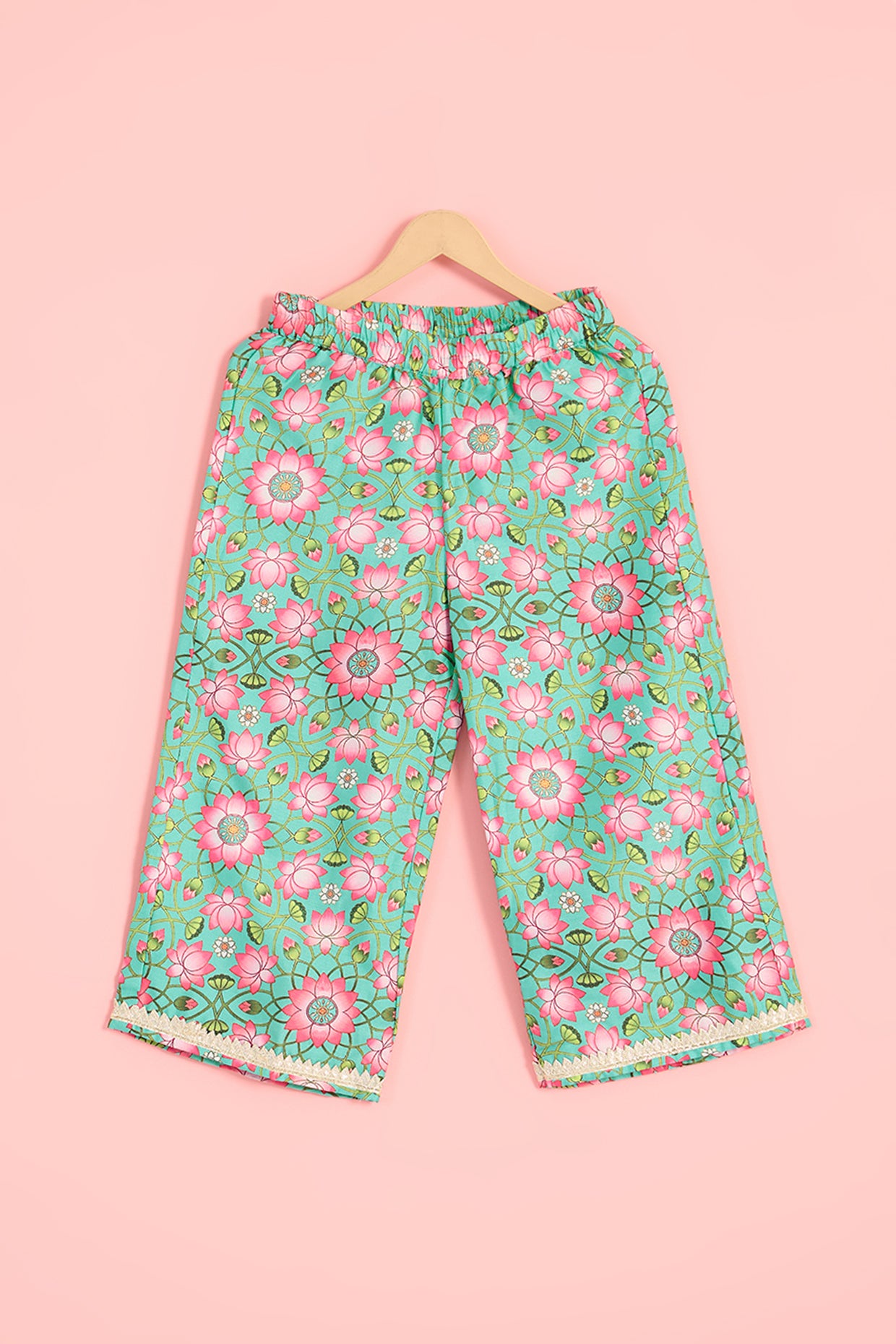 Turquoise Silk Floral Print & Gota Lace Embellished Kurta Set For Girls by Pankhuri by Priyanka - Kids at Pernia's Pop Up Shop