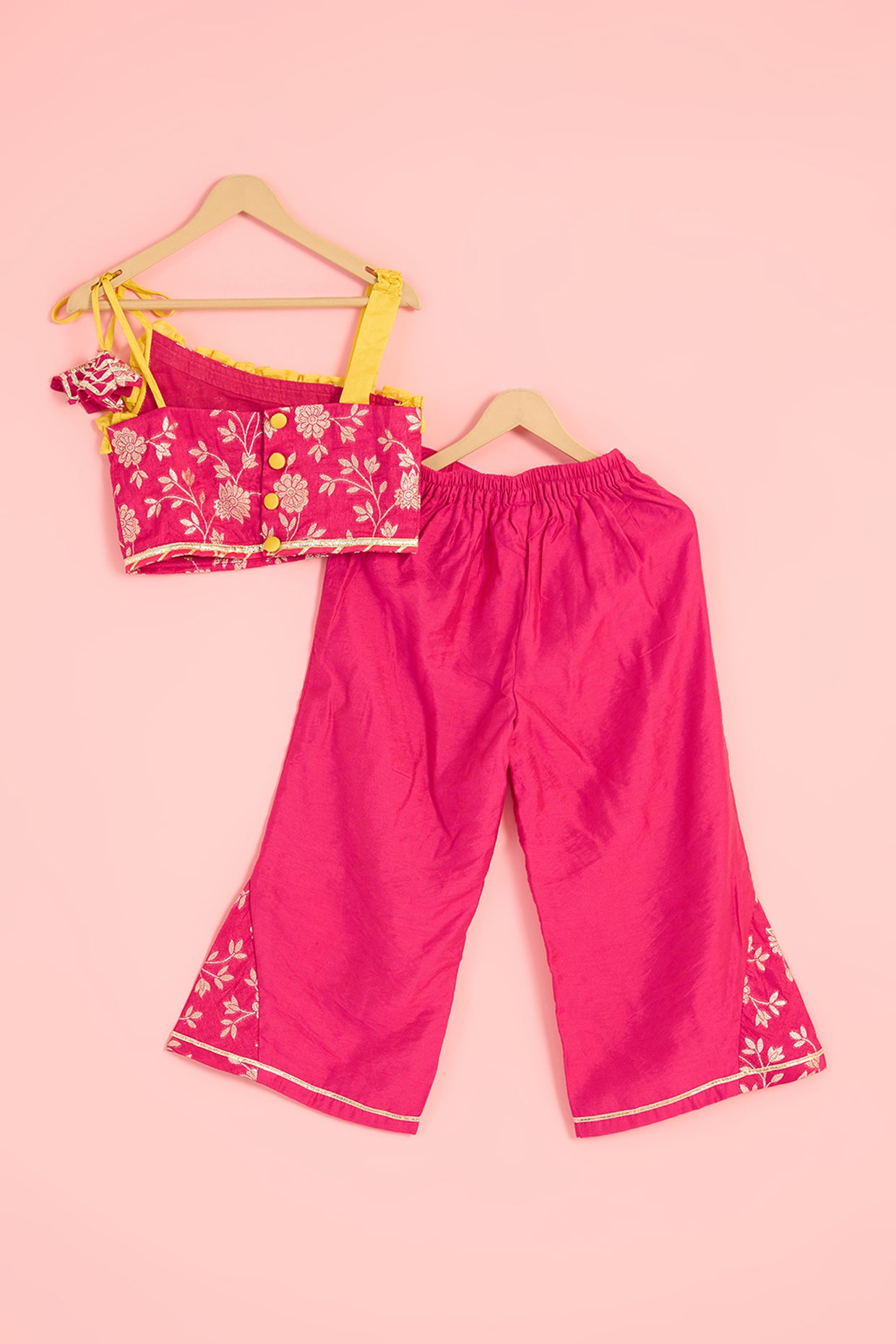 Fuchsia Zari Chanderi Blend Embroidered Palazzo Pant Set For Girls by Pankhuri by Priyanka - Kids at Pernia's Pop Up Shop