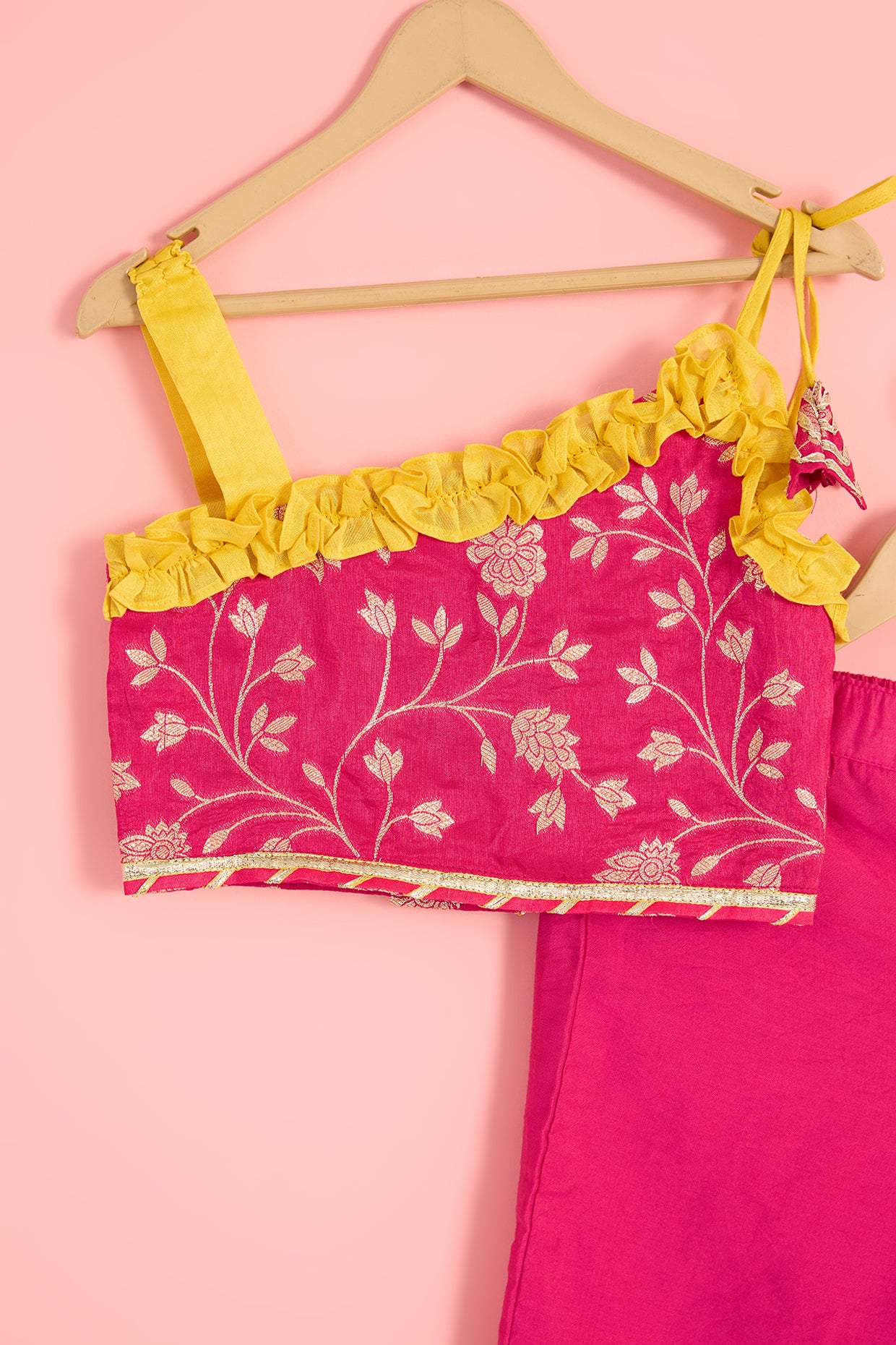 Fuchsia Zari Chanderi Blend Embroidered Palazzo Pant Set For Girls by Pankhuri by Priyanka - Kids at Pernia's Pop Up Shop